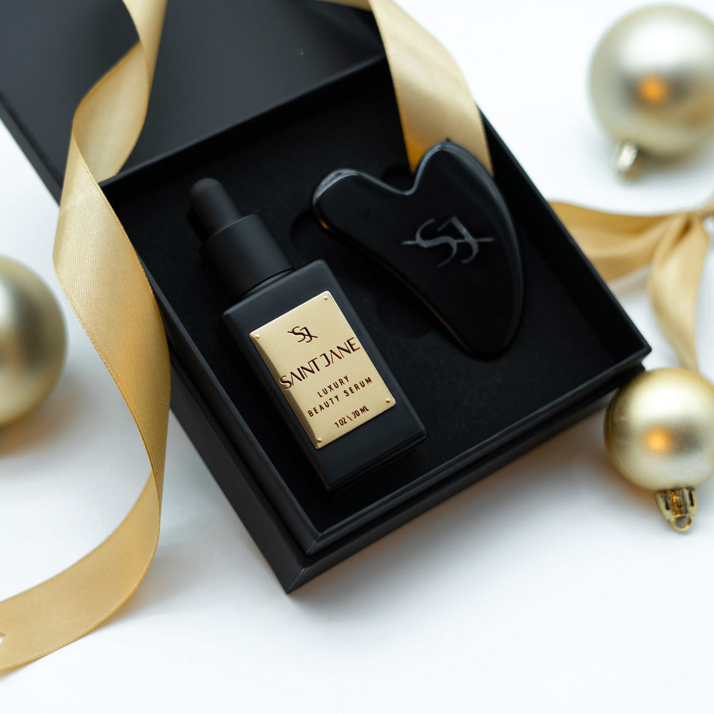 SAINT JANE The Smoothing Ritual Set with Luxury Beauty Serum and Black Obsidian Smoothing Stone – a luxurious skincare duo to hydrate, soothe, and sculpt the skin.
