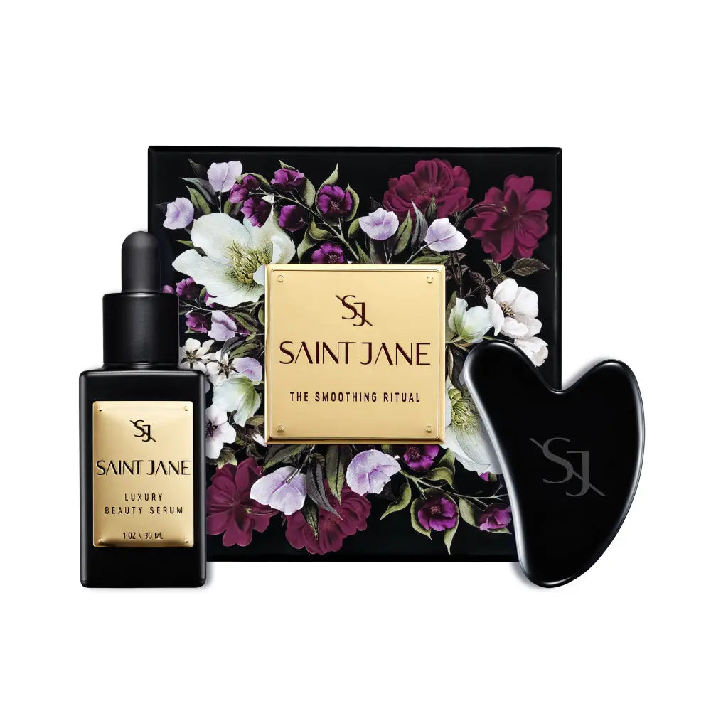 SAINT JANE The Smoothing Ritual Set with Luxury Beauty Serum and Black Obsidian Smoothing Stone – a luxurious skincare duo to hydrate, soothe, and sculpt the skin.