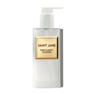 Saint Jane Pore Clarity Cleanser in a frosted white rectangular bottle with a white pump dispenser and a gold label.