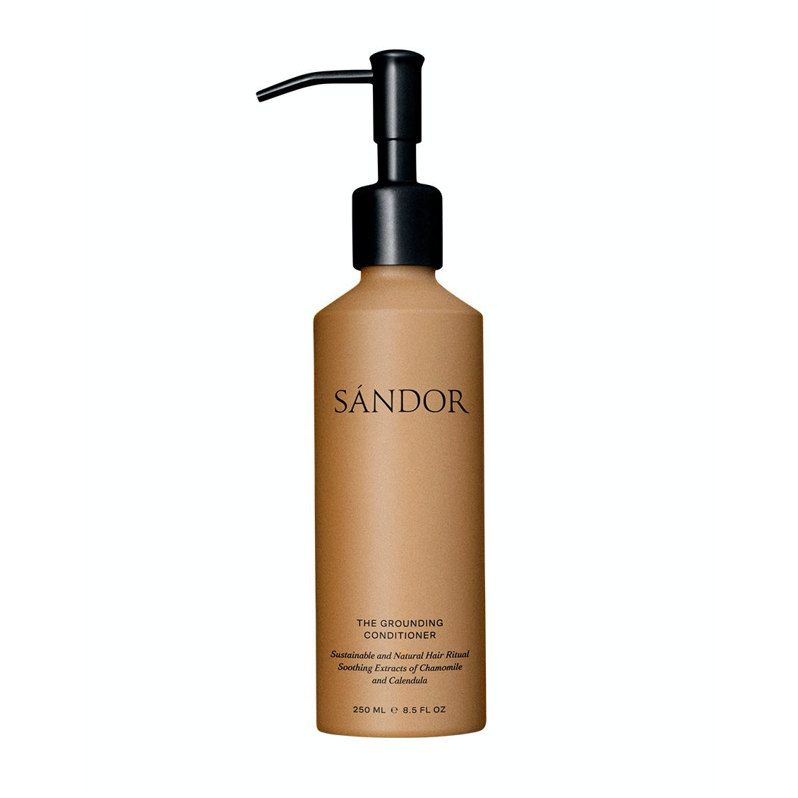 SANDOR The Grounding Conditioner bottle with aluminum cap on white background, plant-based hydrating hair conditioner made with Aloe Vera, Jojoba Oil, and Oat Amino Acids