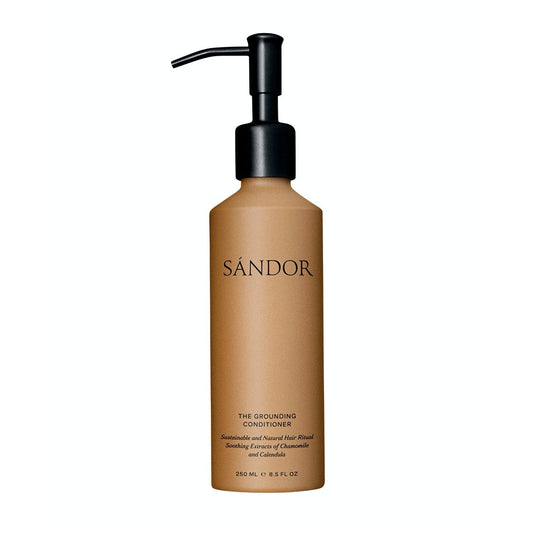 SANDOR The Grounding Conditioner bottle with aluminum cap on white background, plant-based hydrating hair conditioner made with Aloe Vera, Jojoba Oil, and Oat Amino Acids