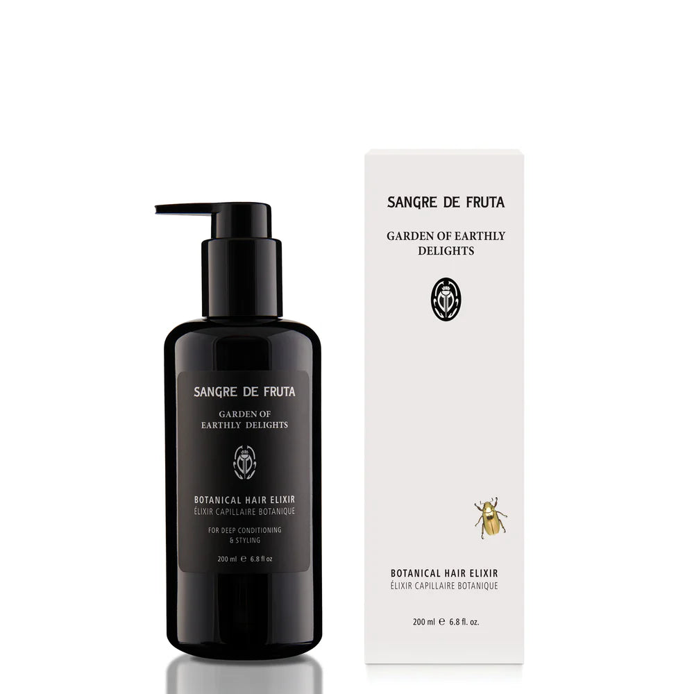 SANGRE DE FRUTA Botanical Hair Elixir in violet glass bottle with pump, featuring nourishing ingredients like Macadamia Oil, Horsetail Extract, and Marigold.