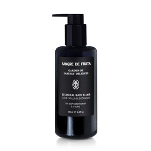 A 200ml black pump bottle of Garden of Earthly Delights Sangre de Fruta Botanical Hair Elixir, shown on a clean white background with a soft reflection.