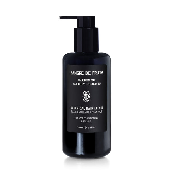 A 200ml black pump bottle of Garden of Earthly Delights Sangre de Fruta Botanical Hair Elixir, shown on a clean white background with a soft reflection.