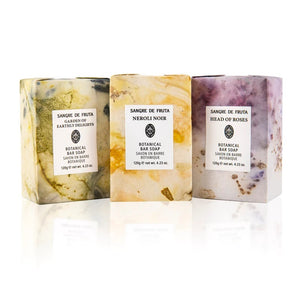 Sangre de Fruta Signature Scents Set – a limited edition trio of botanical soaps wrapped in hand-dyed paper, featuring Garden of Earthly Delights, Head of Roses, and Neroli Noir.