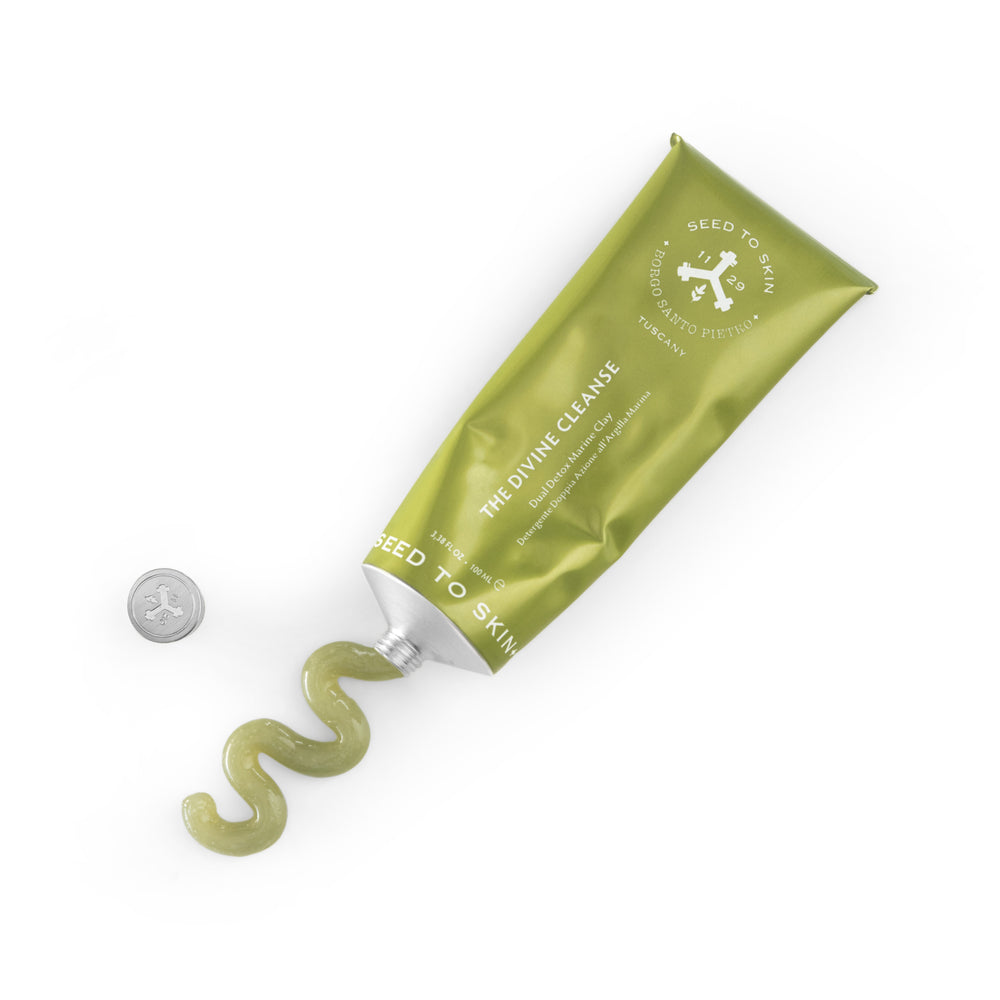 SEED TO SKIN TUSCANY - The Divine Cleanse dual detox marine clay cleanser in a sleek green tube, designed to deeply cleanse and refresh the skin. tube