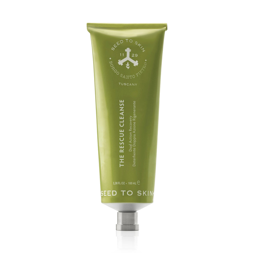 Seed to Skin Turcany The Rescue Cleanse tube in a light olive green squeeze packaging with a silver cap, shown on a white background.