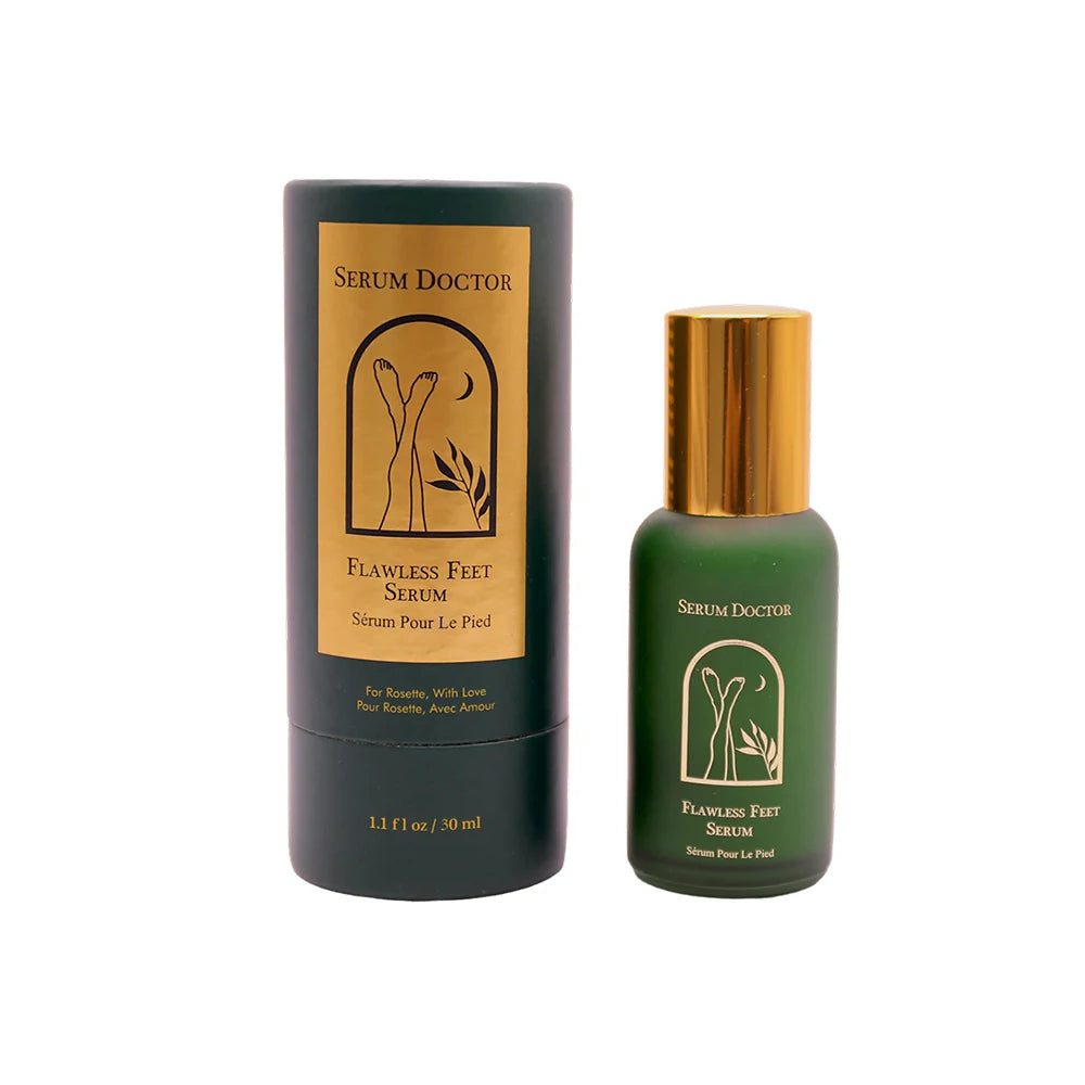 A green bottle of Serum Doctor Flawless Feet Serum with a metallic gold cap and gold lettering, set against a plain white background.