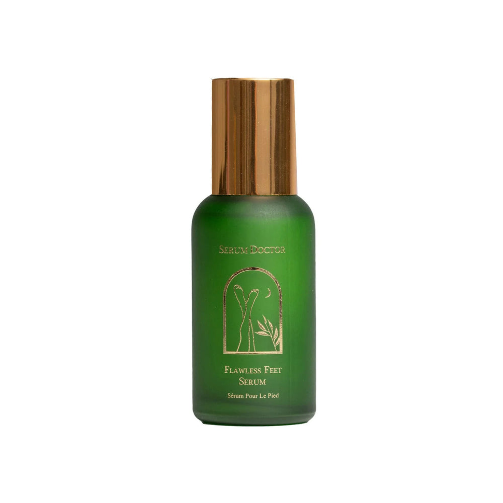 A green bottle of Serum Doctor Flawless Feet Serum with a metallic gold cap and gold lettering, set against a plain white background.