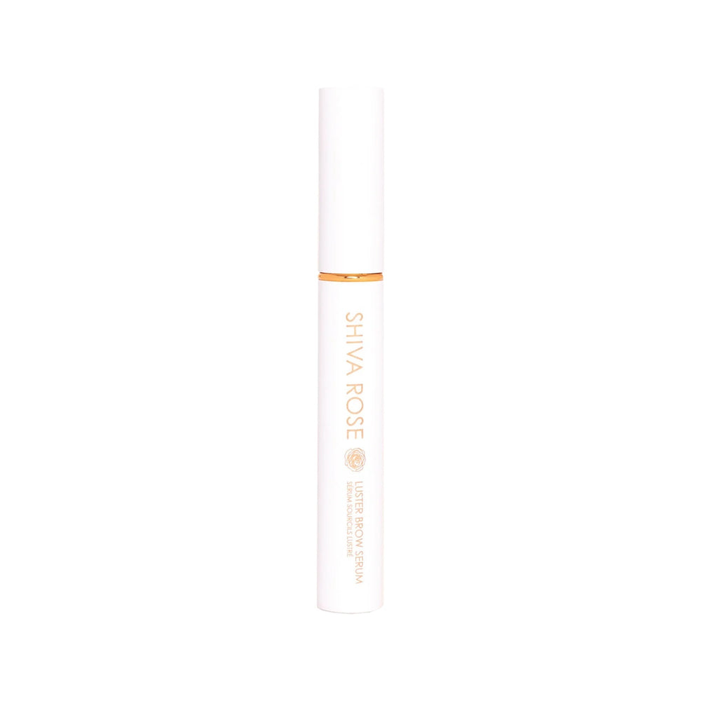 Shiva Rose Luster Brow & Lash Serum bottle with natural ingredients like biotin, castor oil, aloe, and amla fruit.