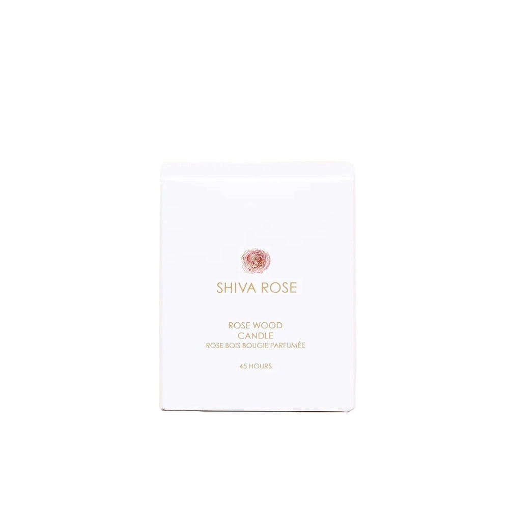 Shiva Rose Rosewood Vanilla Candle with delicate rose petals, agarwood, and vanilla fragrance, crafted with coconut wax and a lead-free wick.