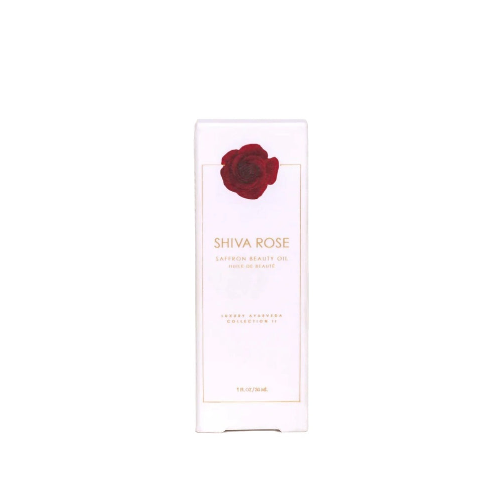 Saffron Beauty Oil by Shiva Rose, an Ayurvedic elixir with saffron, blue lotus, red sandalwood, and over 24 botanicals for glowing skin.
