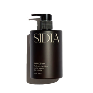 SIDIA BRALESS Cream hand and body moisturizer in a bottle with a black pump, a rich yet quick-drying cream with coconut, soft woods, and leather-inspired fragrance notes.