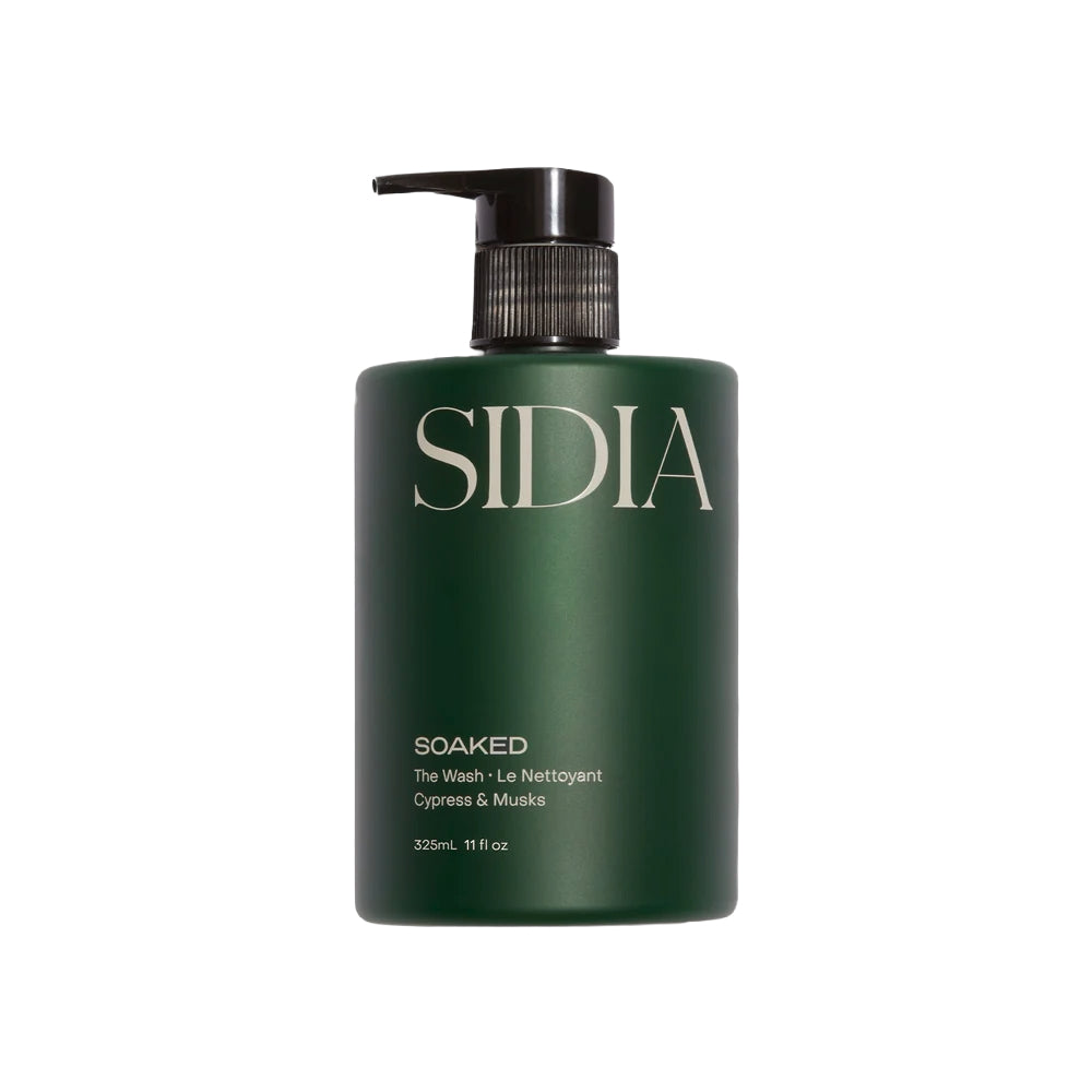 Green bottle with pump labeled 'SIDIA Soaked The Wash' on a white background