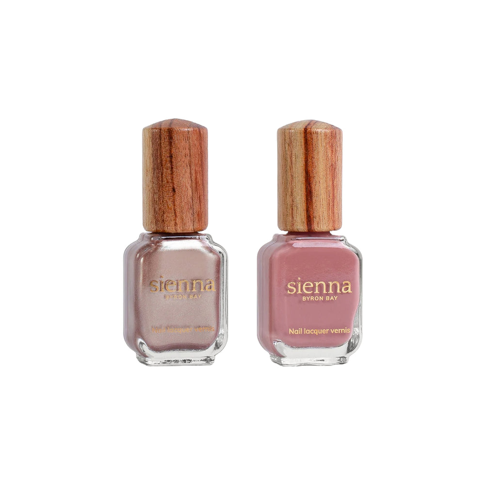  Sienna Byron Bay Glimmer Duo – Gaia rose-brown shimmer and Stone mauve-pink crème nail polish set.