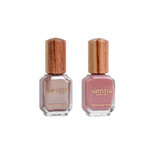  Sienna Byron Bay Glimmer Duo – Gaia rose-brown shimmer and Stone mauve-pink crème nail polish set.