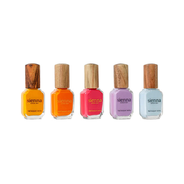 Sienna Byron Bay Happiness Quin collection – five colorful nail polishes inspired by the joy of summer.