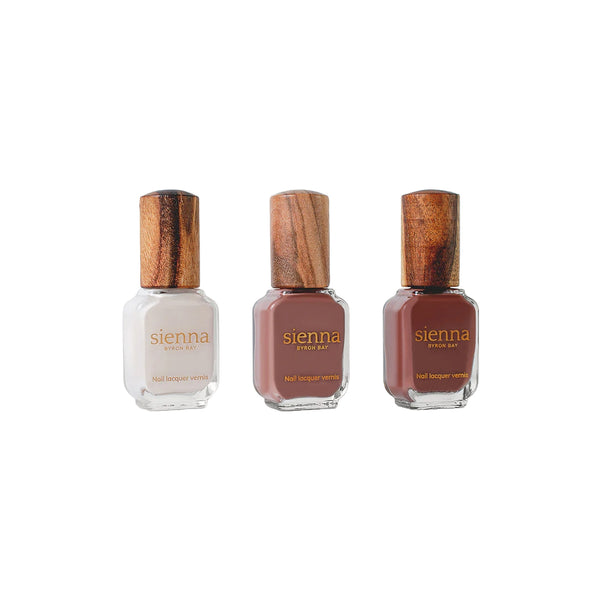 Sienna Byron Bay Mylks Trio – a set of three vegan nail polishes in white, mylk chocolate, and burnt umber shades.