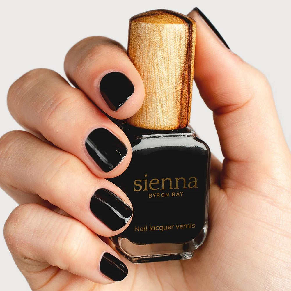 SIENNA BYRON BAY Onyx Nail Polish – jet black crème for bold, chic nails.