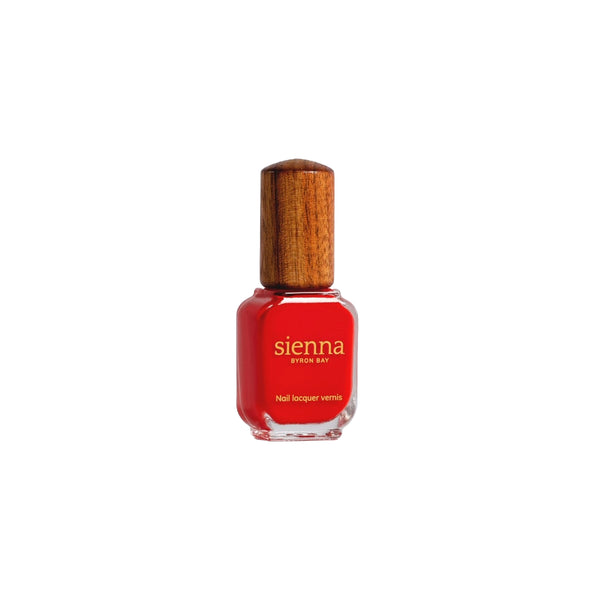 Sienna Byron Bay Passion Nail Polish in Intense Vermilion Crème, a brilliant vermilion red, eco-friendly, vegan, and cruelty-free.