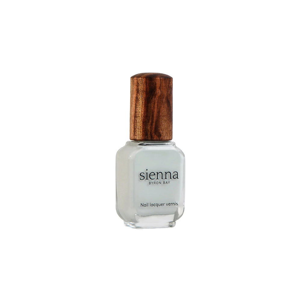 Sienna Byron Bay Renewal Nail Polish in a delicate light sage crème shade with sustainable packaging.