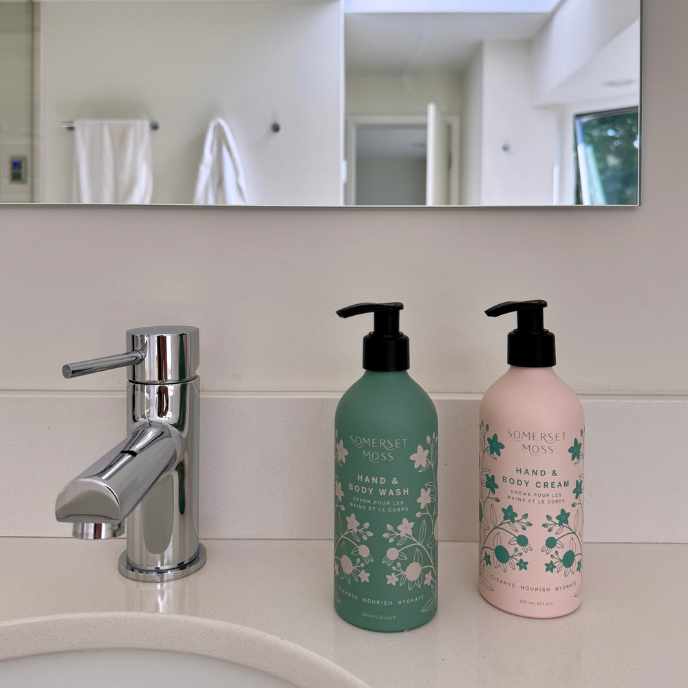 Somerset Moss Hand & Body Wash with neem extract, blue tansy, ginger, and jasmine.