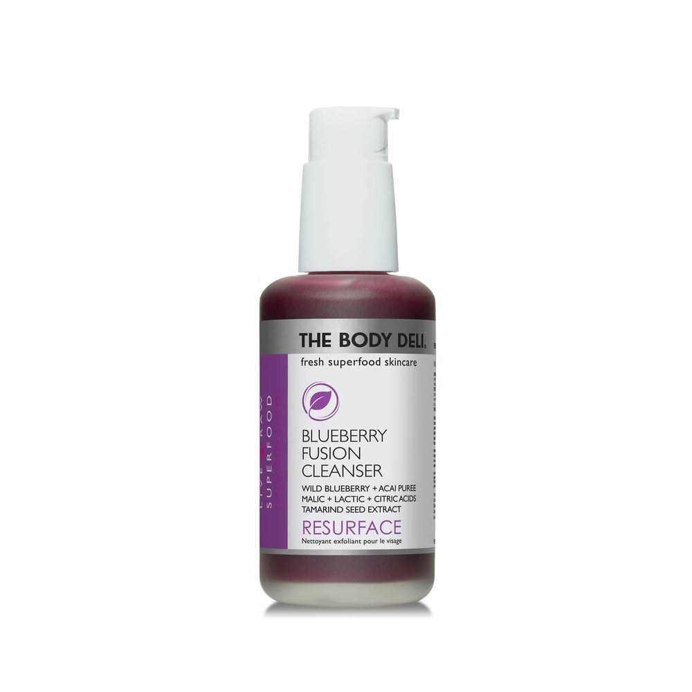 THE BODY DELI BLUEBERRY FUSION Cleanser – resurfacing facial cleanser with organic blueberry and acai, formulated with fruit-based exfoliating acids in a 4oz bottle.