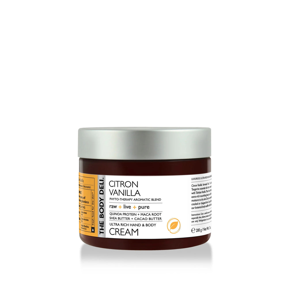 THE BODY DELI Citron Vanilla Hand & Body Cream – rich botanical body moisturizer with coconut water, shea butter, and citrus-vanilla essential oils in a 7oz jar.