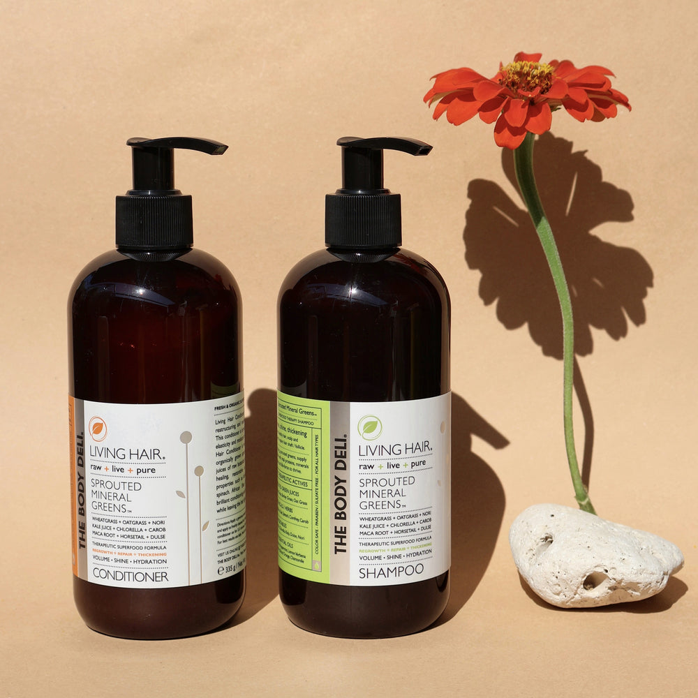 The Body Deli Living Hair Set –  shampoo and conditioner duo designed to restore volume, shine, and vitality using raw, living greens and clean ingredients. 12oz set