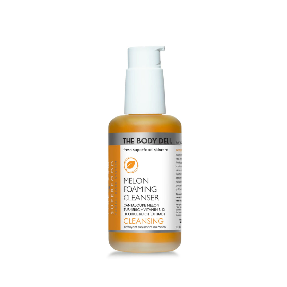 THE BODY DELI MELON Foaming Cleanser – brightening facial cleanser with cantaloupe melon, turmeric, and vitamins in a 4oz bottle for all skin types.