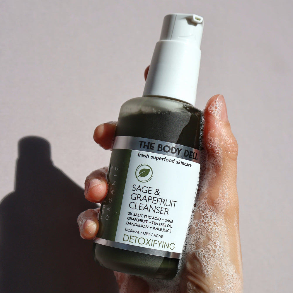 THE BODY DELI SAGE & GRAPEFRUIT Cleanser – detoxifying facial cleanser with green juice extracts, tea tree, and 2% salicylic acid in a 4oz bottle for oily and acne-prone skin.
