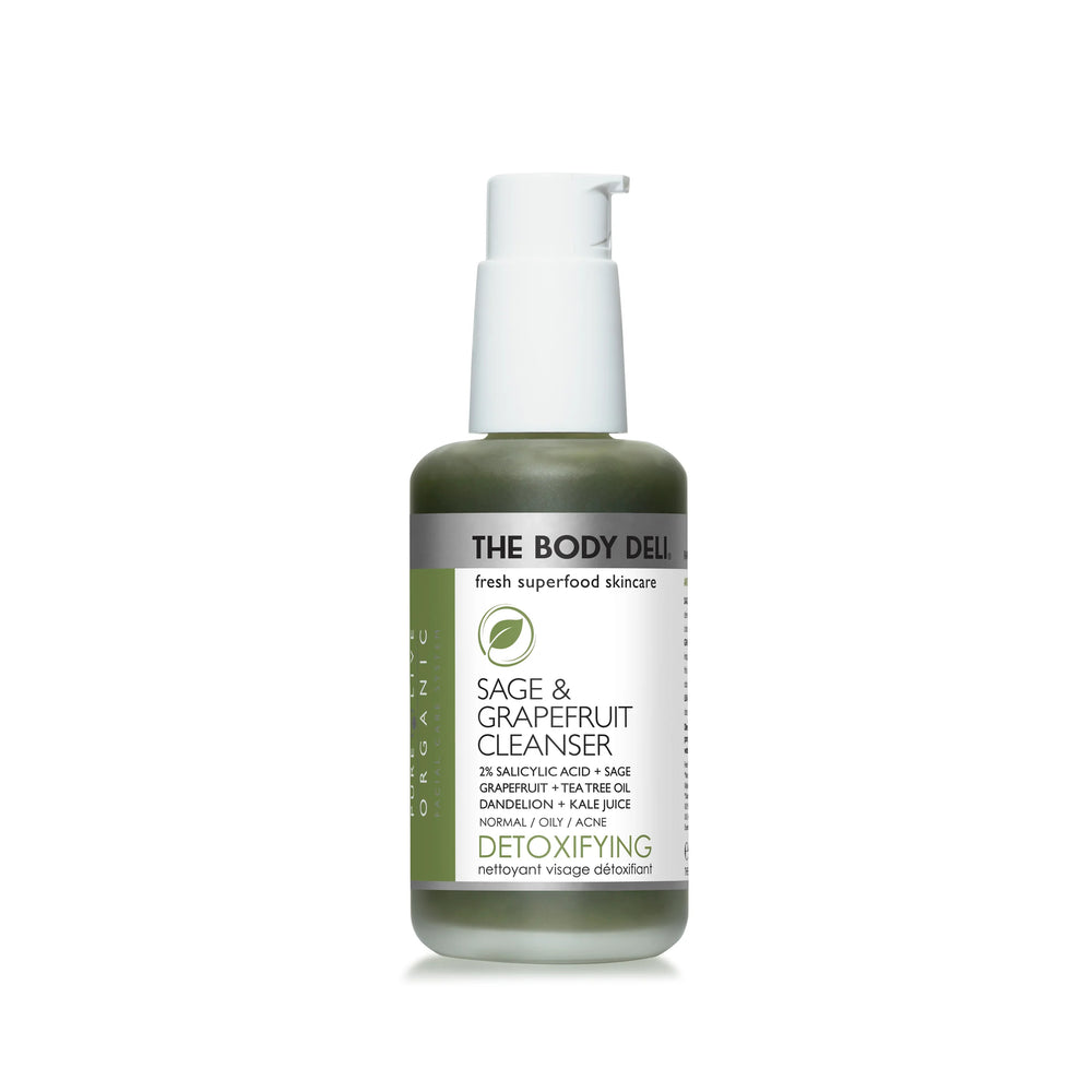 THE BODY DELI SAGE & GRAPEFRUIT Cleanser – detoxifying facial cleanser with green juice extracts, tea tree, and 2% salicylic acid in a 4oz bottle for oily and acne-prone skin.