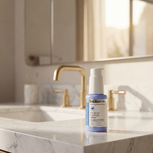 Bottle of The Body Deli product on a bathroom counter with a mirror in the background