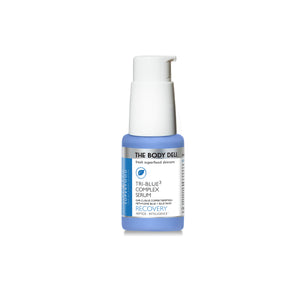 Skincare serum bottle labeled 'The Body Deli Tri-Blue³ Complex Serum' on a white background
