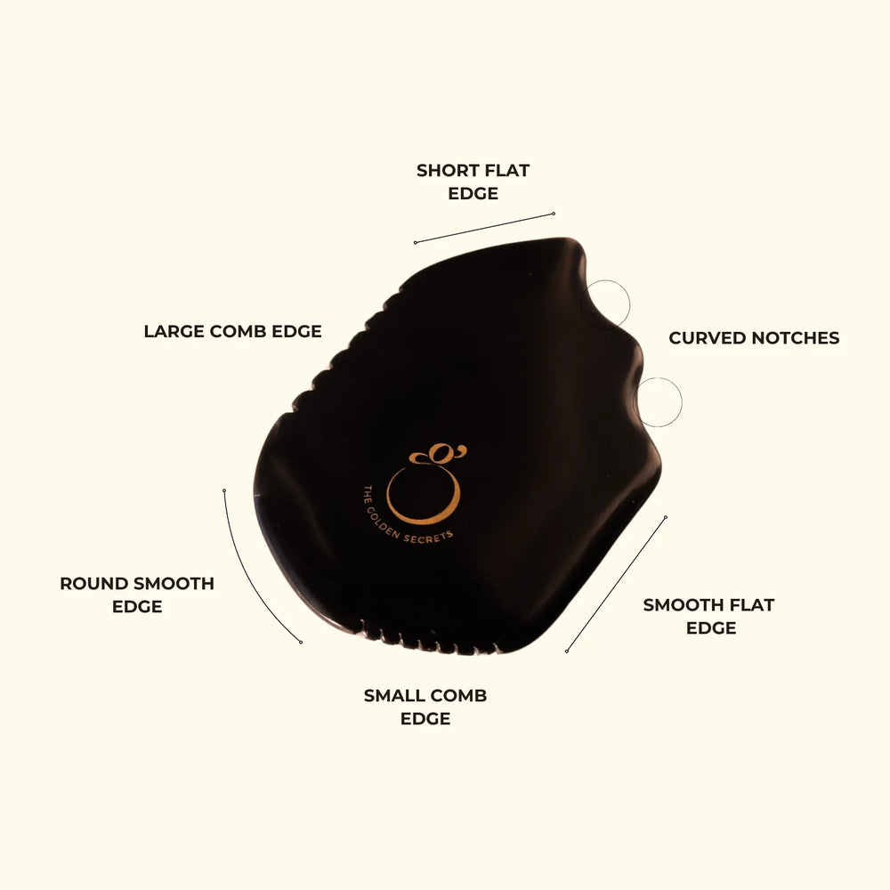 The Golden Secrets Sorceress Stone Gua Sha Beauty Tool, crafted from natural Sibin Bian stone, designed to enhance your skincare routine with over 40 trace elements.