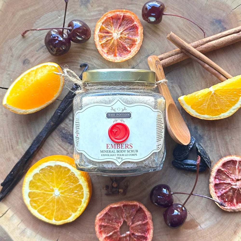 The Potion Cosmetics Embers Mineral Body Scrub with cinnamon sticks and cherries