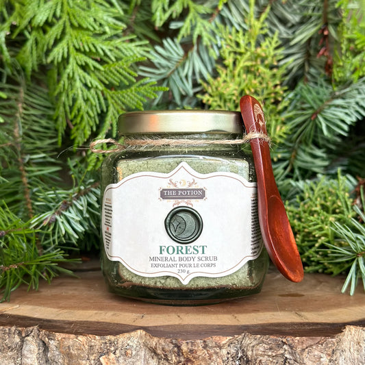 The Potion Cosmetics Forest Mineral Body Scrub with cedar branches and fir needles