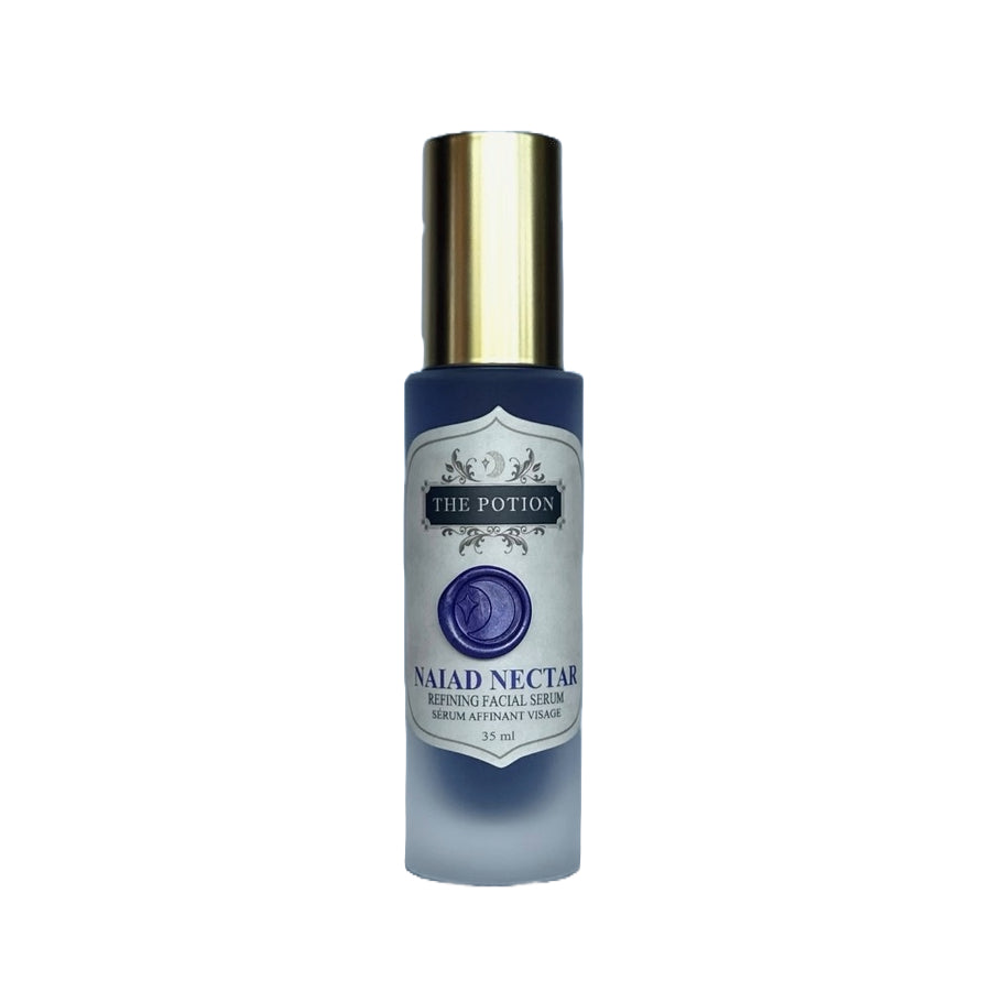 Facial serum bottle labeled 'Naiad Nectar' on a white background