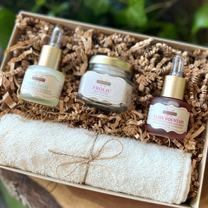 THE POTION COSMETICS The Essentials Collection featuring trial-size Freedom Face Potion, Fairy Fountain Hydration Serum, Frolic Skin Polish, and an organic cotton face cloth arranged together on a clean, minimal background.