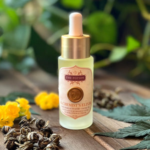 Alchemist’s Elixir Mask Activator and facial oil by The Potion Masters in glass dropper bottle.