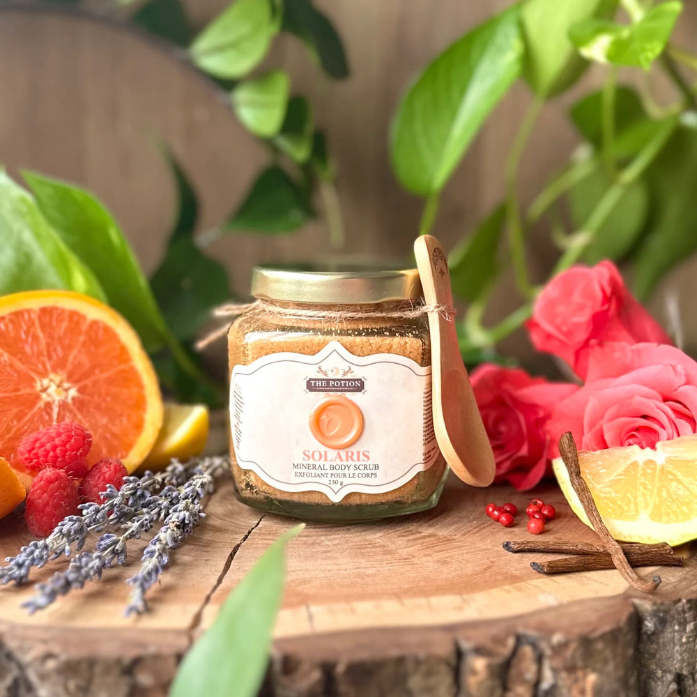 THE POTION MASTERS Solaris Mineral Body Scrub – limited edition body scrub with citrus and floral notes.