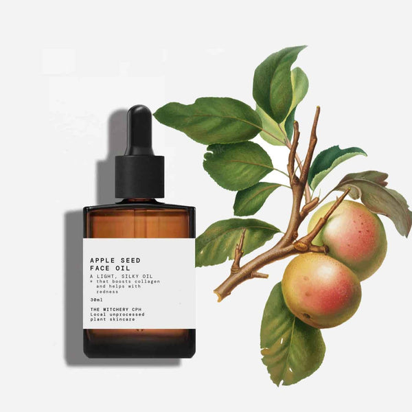 Apple seed face oil with a dropper bottle on a white background, next to an illustration of apples and leaves.