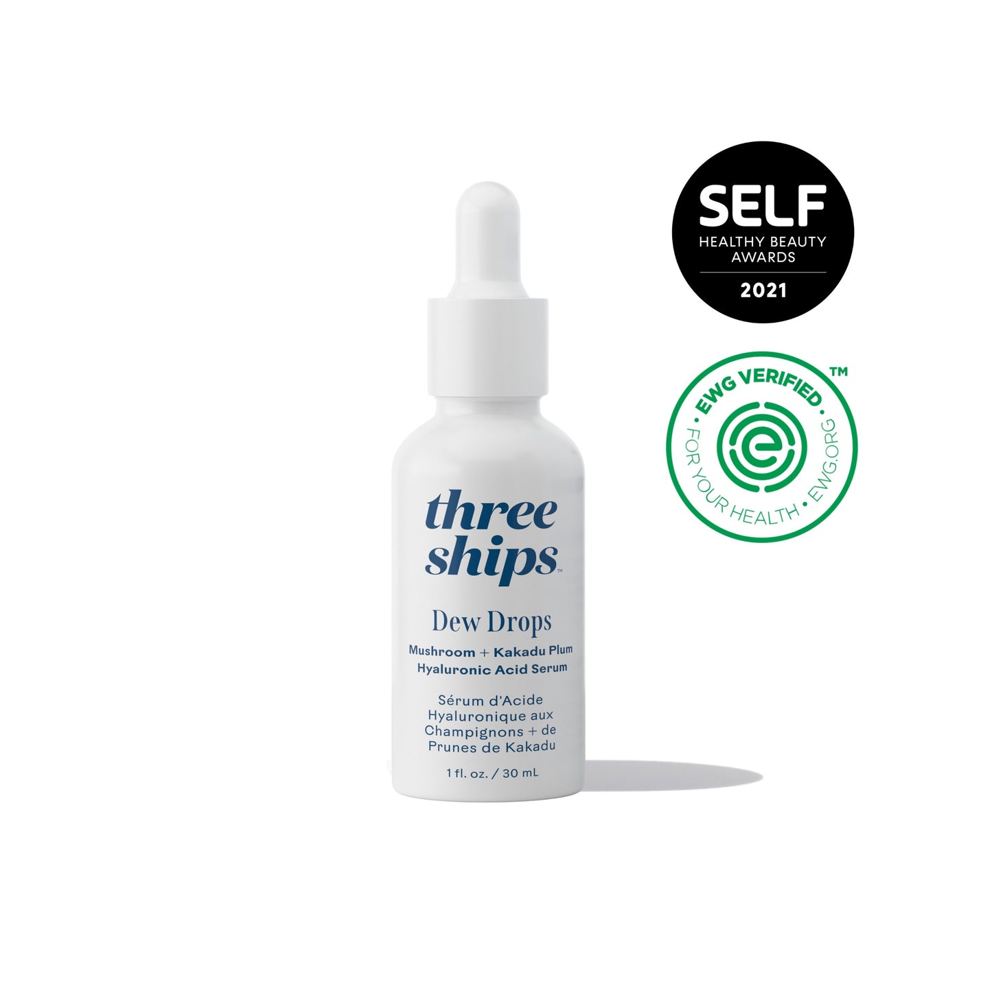 Three Ships Dew Drops Mushroom + Kakadu Plum Hyaluronic Acid Serum with key ingredients Tremella Mushroom, Kakadu Plum, and Red Algae Extract.