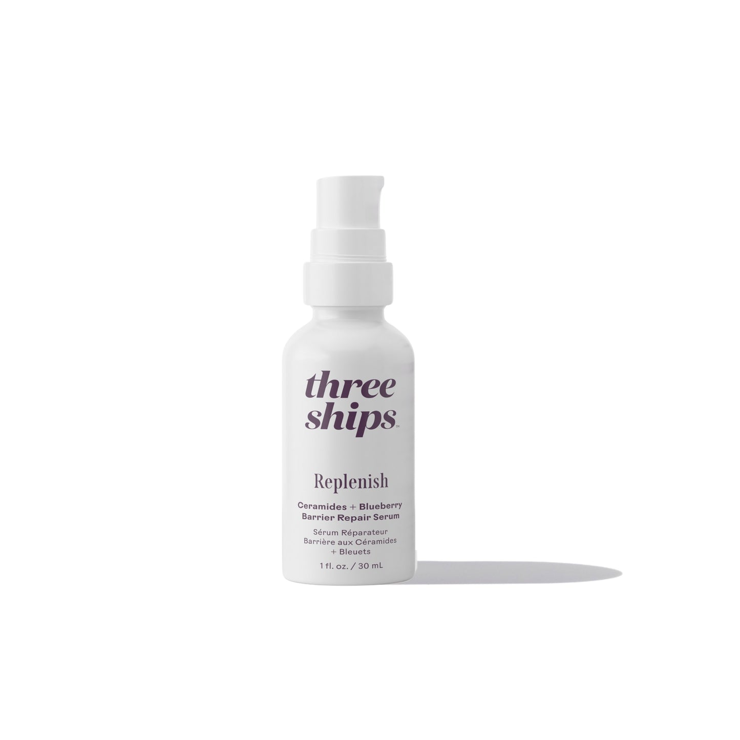 THREE SHIPS - Replenish Ceramides + Blueberry Serum in a glass bottle, showcasing its deeply nourishing formula with Ceramides and Blueberry Seed Oil.