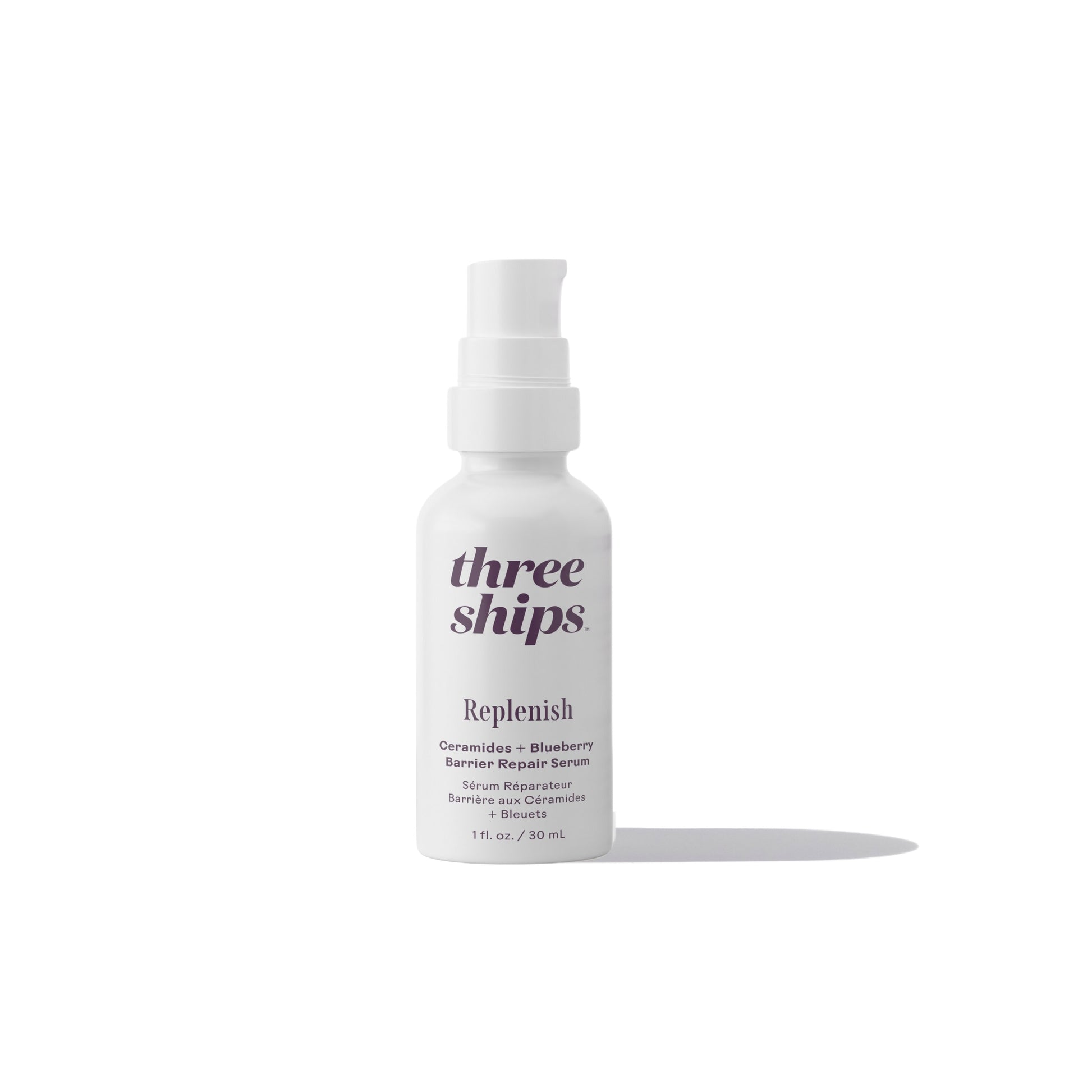 THREE SHIPS - Replenish Ceramides + Blueberry Serum in a glass bottle, showcasing its deeply nourishing formula with Ceramides and Blueberry Seed Oil.