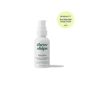 THREE SHIPS SkinHero™ Calendula + 2% Bakuchiol Bio-Retinol Serum in a 30ml bottle, designed to promote the appearance of smoother skin, support an even complexion, and provide soothing hydration.