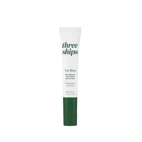THREE SHIPS Eye Hero Bio-Retinol Eye Cream with ceramic applicator on a white background.