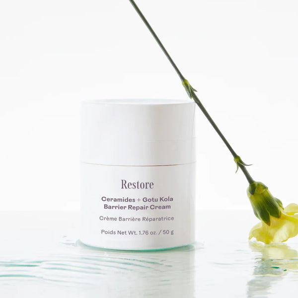 A white cosmetic jar labeled 'Restore Ceramides + Gotu Kola Barrier Repair Cream' on a clean white surface with a pale blue liquid reflection, alongside a yellow flower stem and bud.