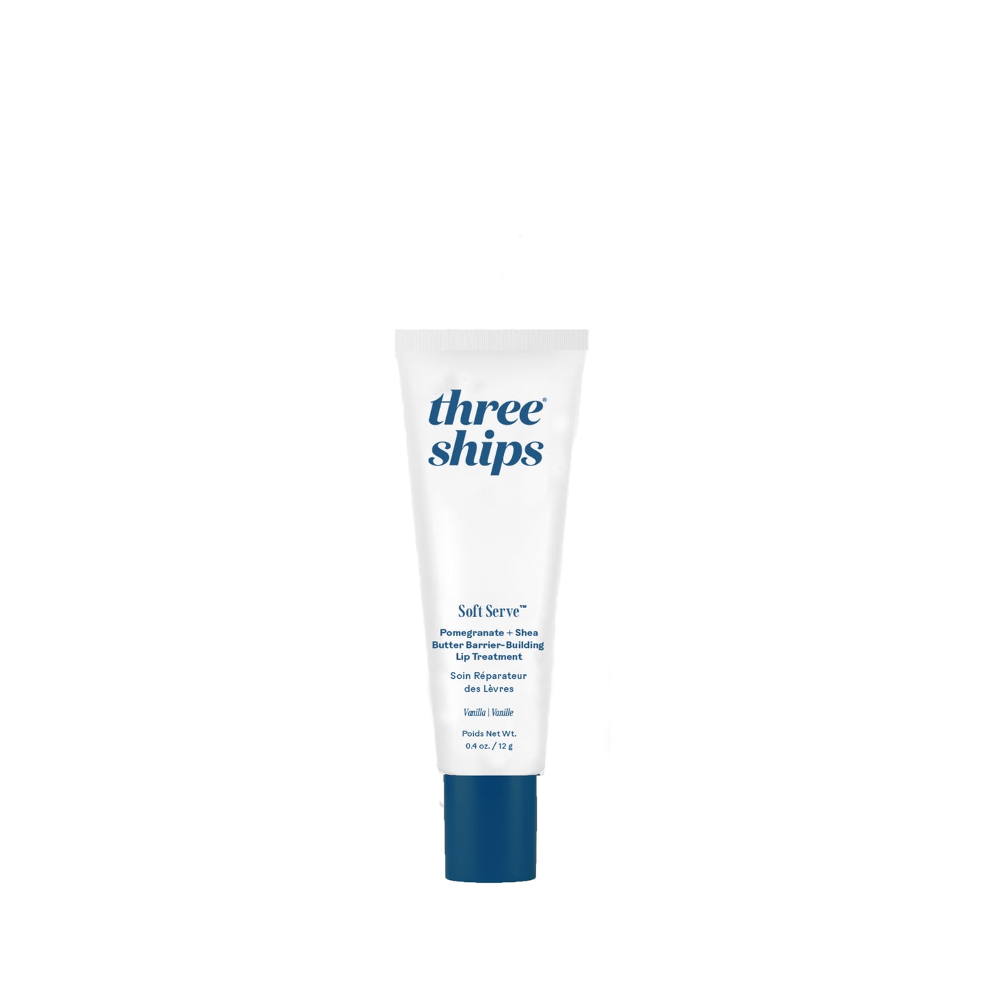 THREE SHIPS SoftServe Pomegranate and Shea Butter Lip Balm in clear tube, hydrating and barrier-supporting balm with natural shine.