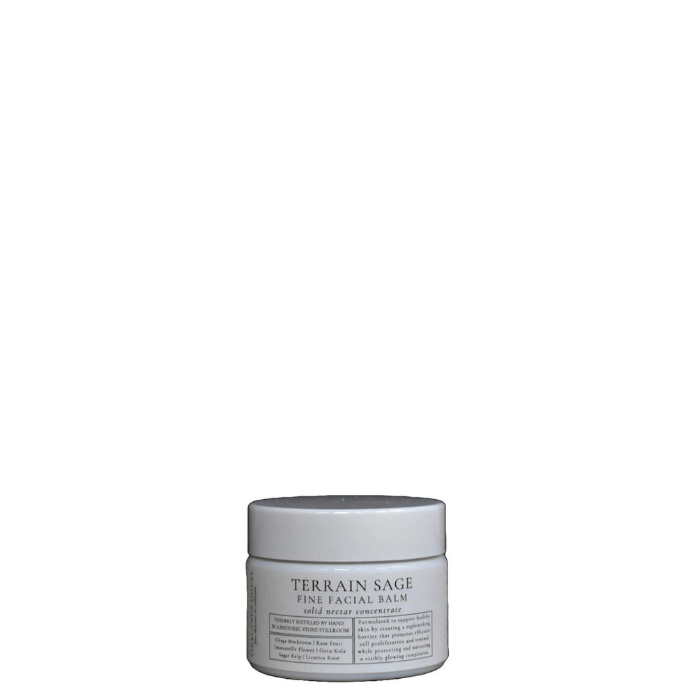 TIDELANDS HOUSE - Terrain Sage Solid Nectar Concentrated Facial Balm in its elegant packaging, highlighting the nourishing plant-based ingredients like Wild Chaga Mushroom, Gotu Kola, and Astragalus Root.